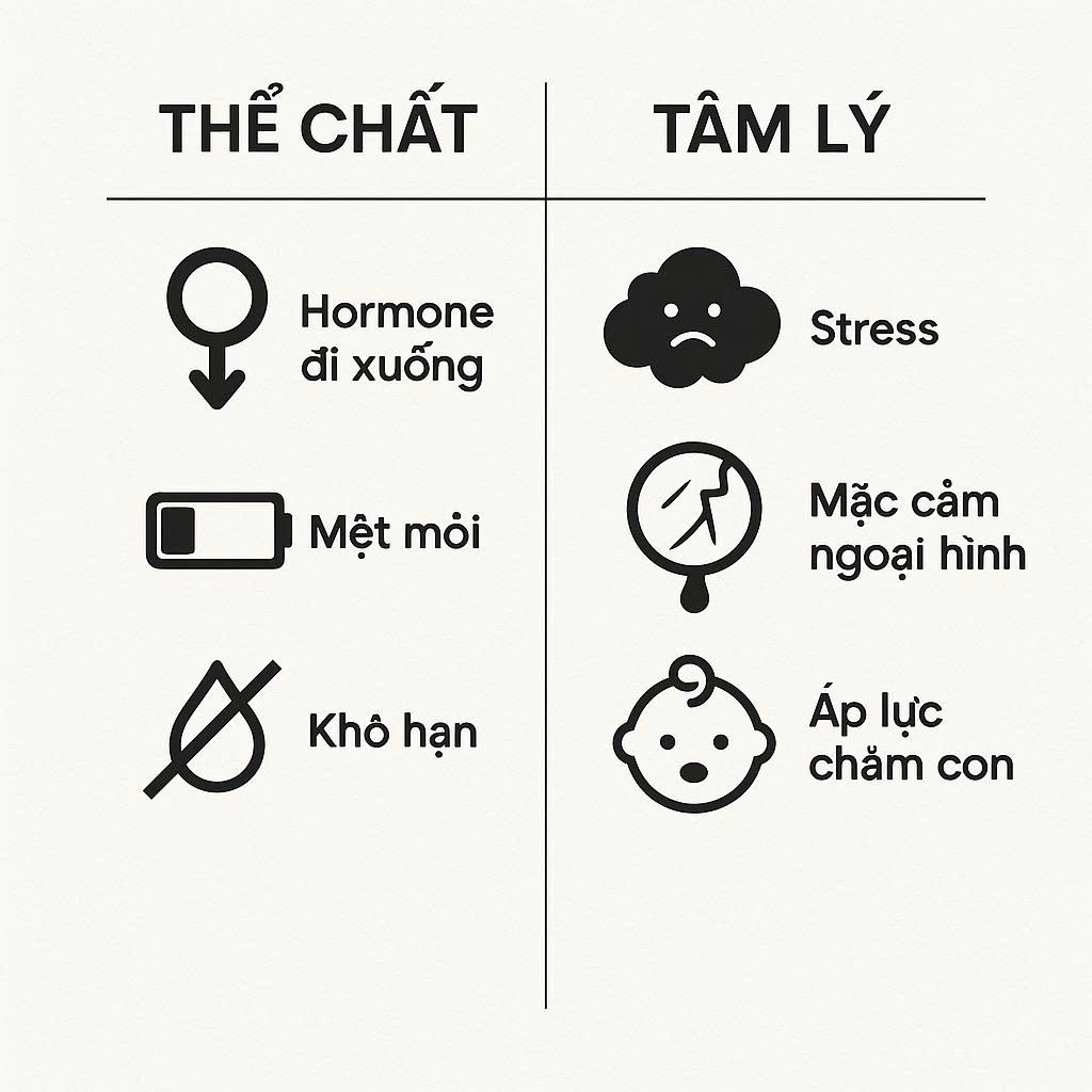 Infographic giải thích các nguyên nhân thể chất và tâm lý khiến vợ giảm ham muốn sau sinh, bao gồm thay đổi hormone, mệt mỏi và stress.